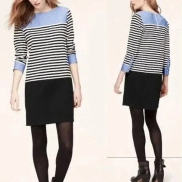 Ann Taylor LOFT  Color Block Chambray and Striped Dress - Picture 1 of 15